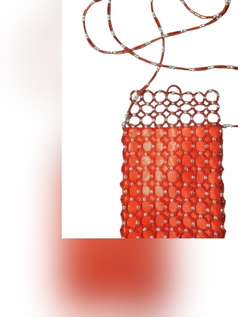 Red Beaded Crossbody Evening Bag, Hoop Clasp, Red Nylon, Red/Silver Beads - Picture 6 of 9